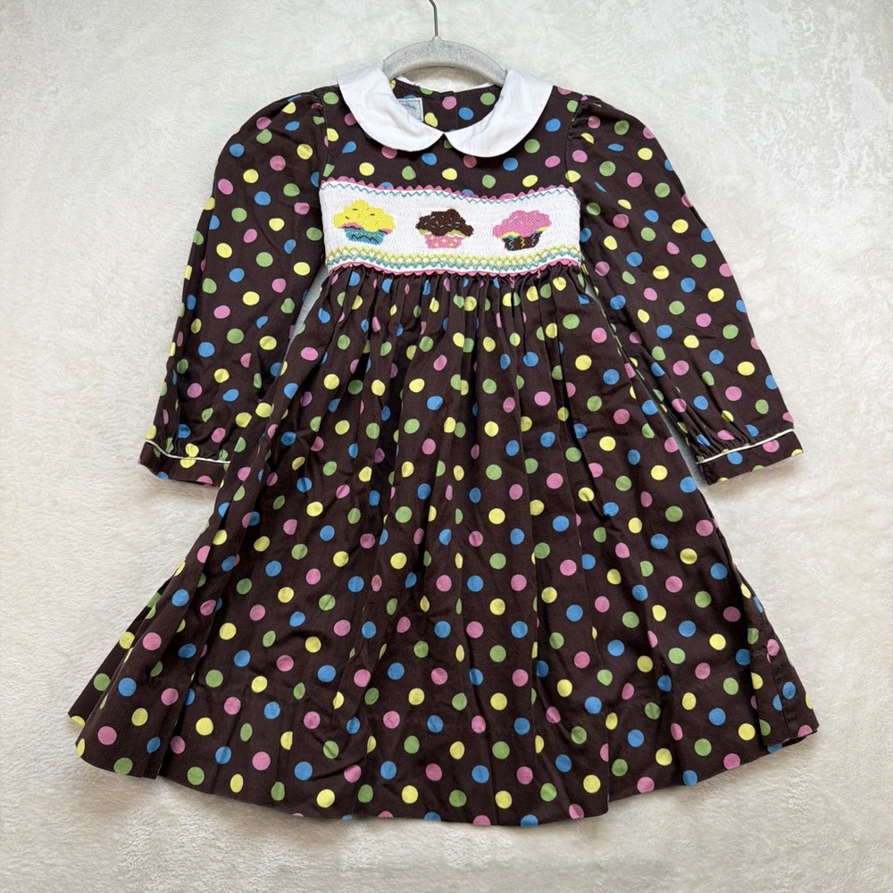 Marmellata Girls Birthday‎ Dress Cupcake Smocked Polka Dot Peter Pan Size 5